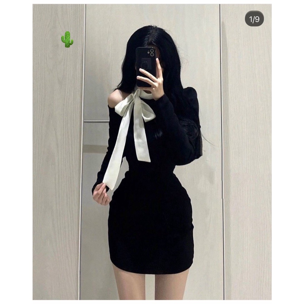 Đầm body nữ dáng ngăn kèm nơ chất thun gân tay dài kiểu trơn khoét 1 bên vai xinh xắn