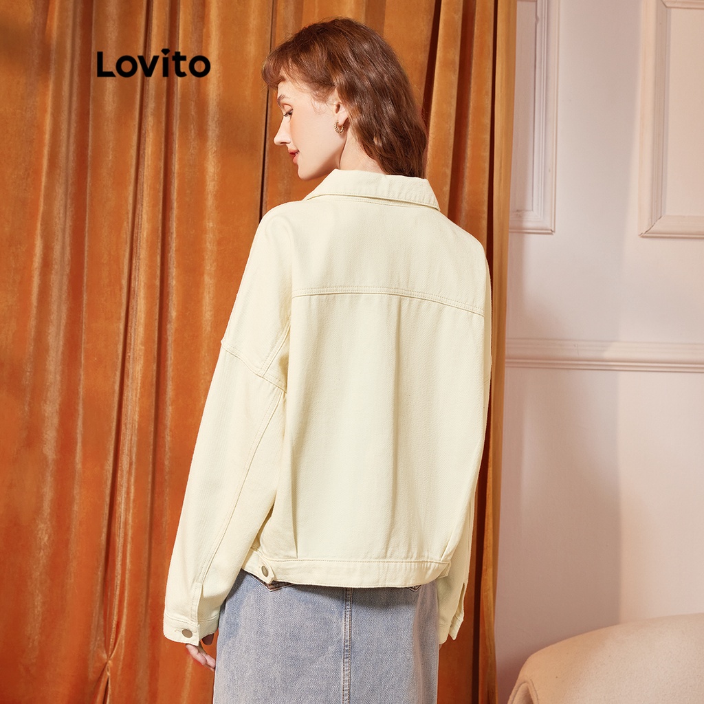 Lovito Áo khoác Denim nữ có cổ giản dị dài tay có túi L35ED041 (Trắt trắng) | BigBuy360 - bigbuy360.vn