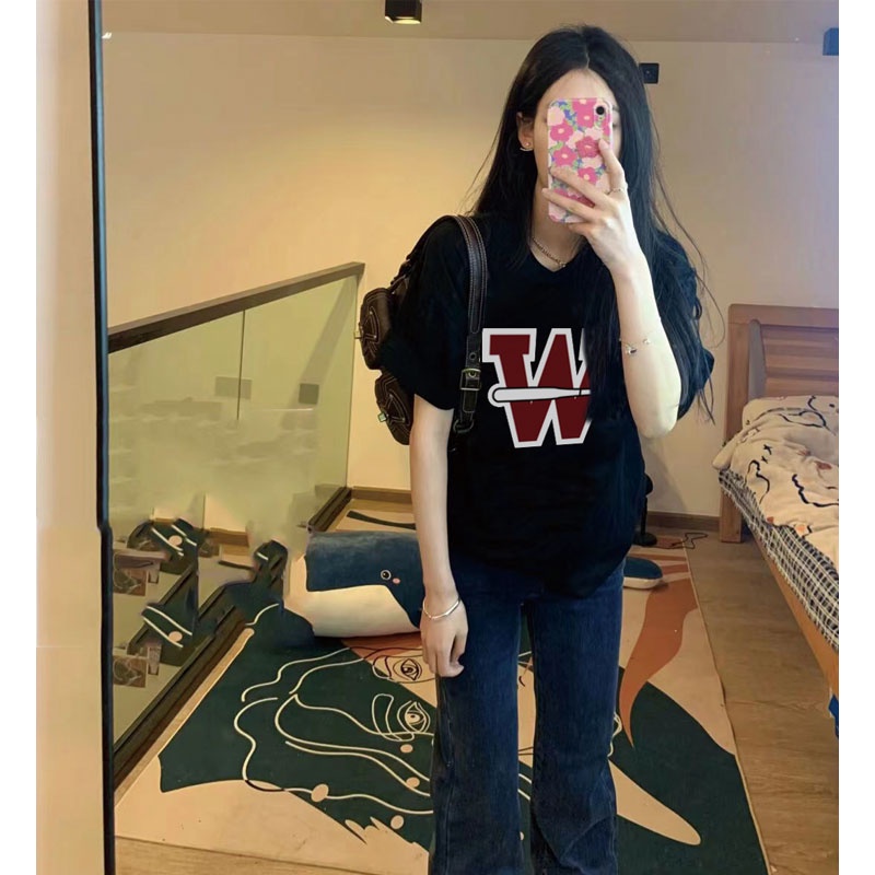 Áo Thun Tay Ngắn Cổ Tròn In Chữ Phong Cách Hàn Quốc