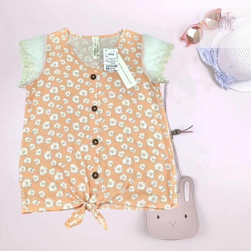 Áo Lanh Buộc Vạt Cổ Tim Tay Ngắn Ren Lưới Phối Cúc Bé Gái Xuất Mỹ HEART & ARROW Hàng Xuất Dư Xịn Cao Cấp Mát Hoa Nhí Cam