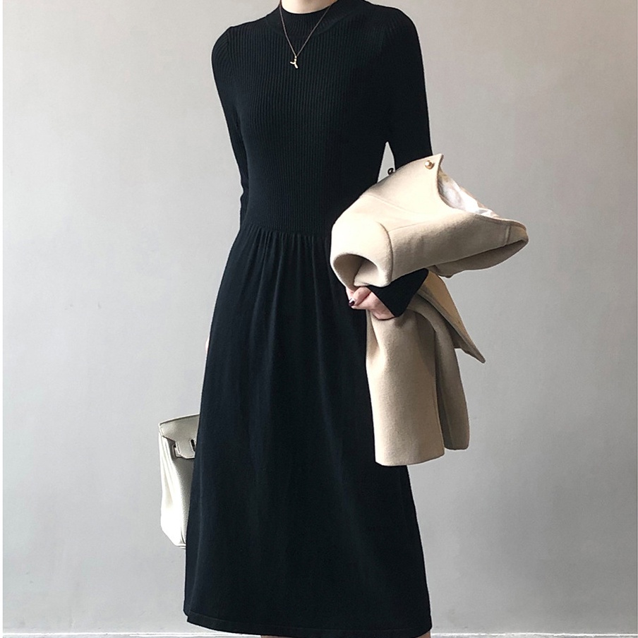 Đầm Sweater Dệt Kim Dáng Dài Qua Gối Màu Đen Kiểu Pháp Thời Trang Mùa Đông Cho Nữ