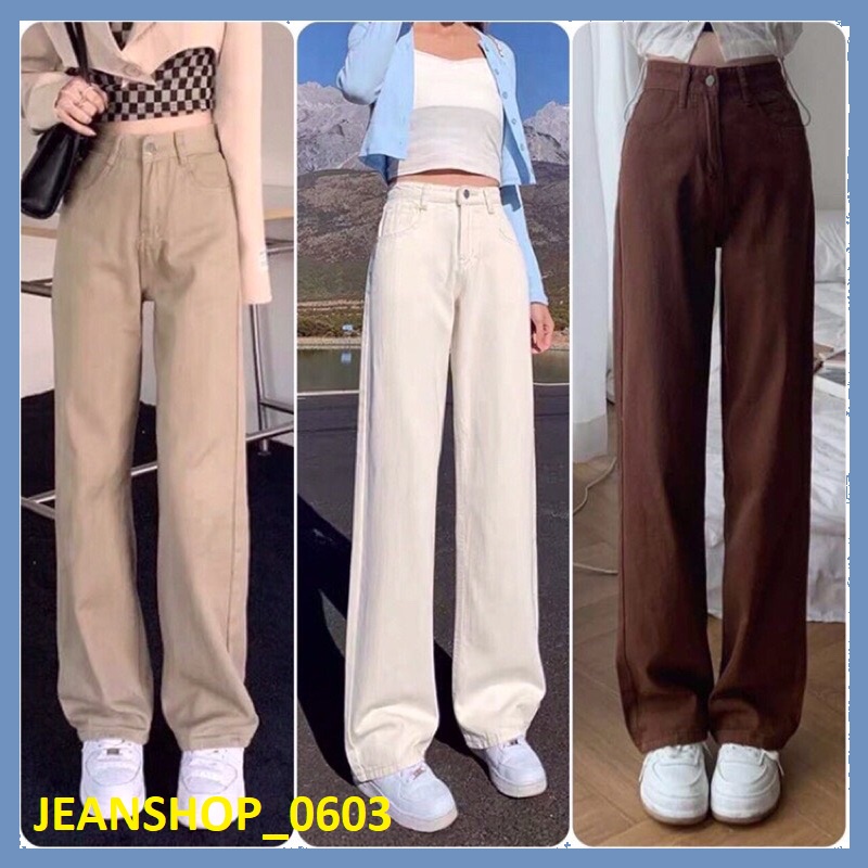 Quần bò jean kaki nữ ống rộng xuông jeans cạp cao phong cách Hàn Quốc style