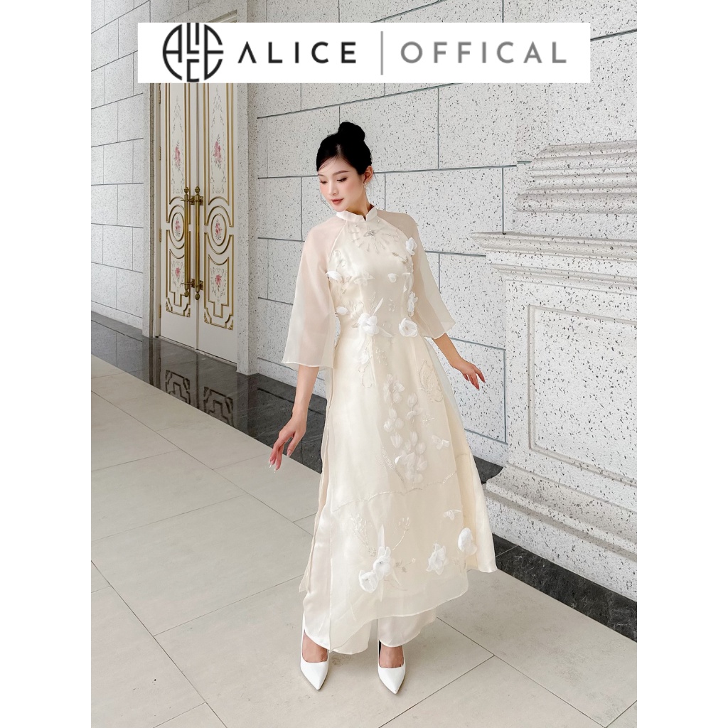 Set Áo Dài Cao Cấp Cổ Tàu Tay Lỡ ALICE Chất Tơ Nhũ Lót Lụa Đính Họa Tiết Nổi, Phù Hợp Ngày Tết AD247