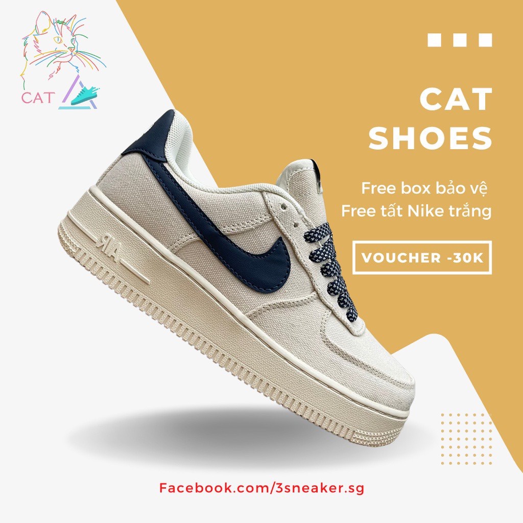 Giày Af1 Canvas Navy, Giày_Nike Air Focer 1 Vải, Màu Be Sữa cổ thấp, đế air tăng chiều cao Đủ Size Nam Nữ, Full Bill Box