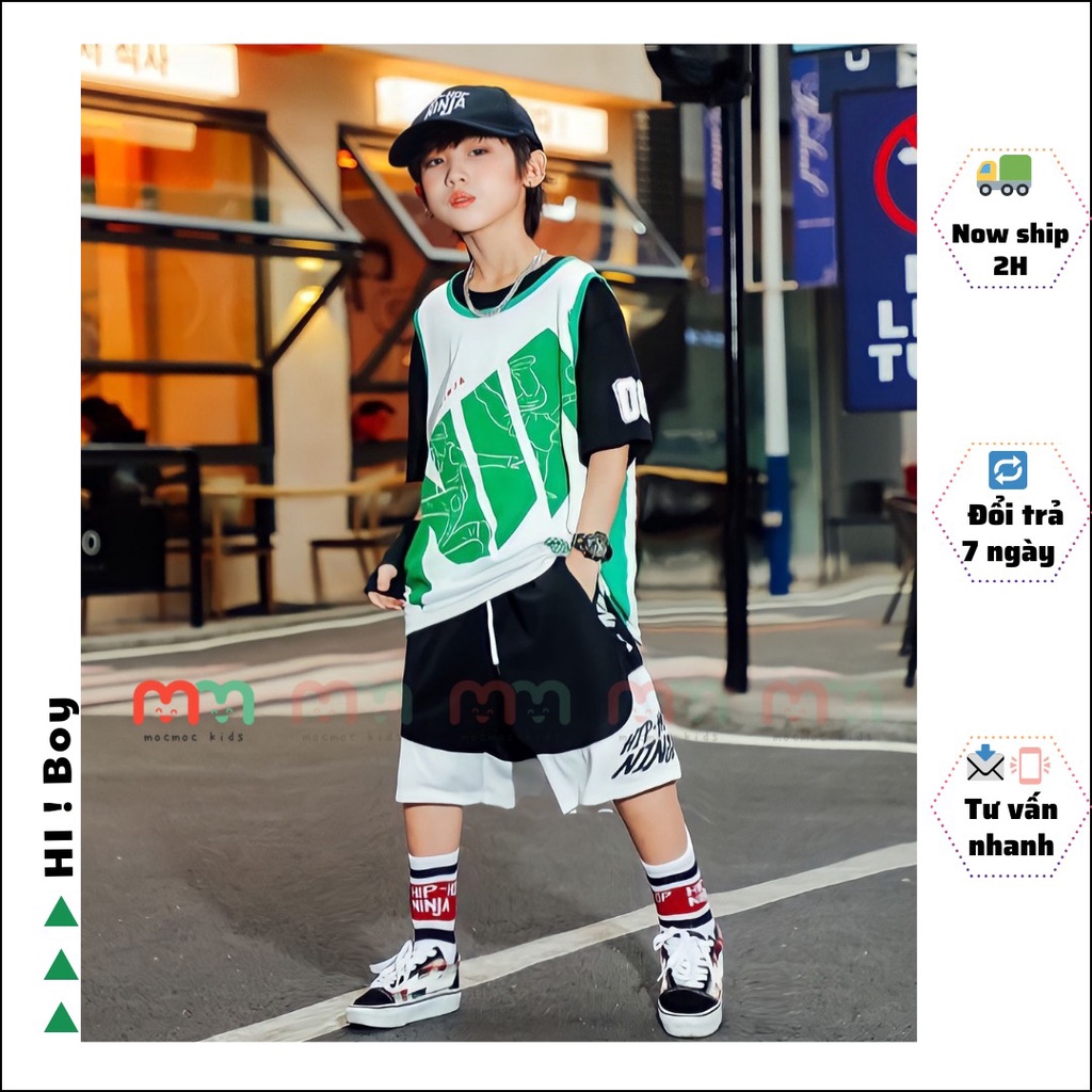 Đồ bộ bé trai bé gái hiphop cá tính áo thun phối quần short thun cotton cao cấp co dãn thấm hút bé 22kg đến 53kg