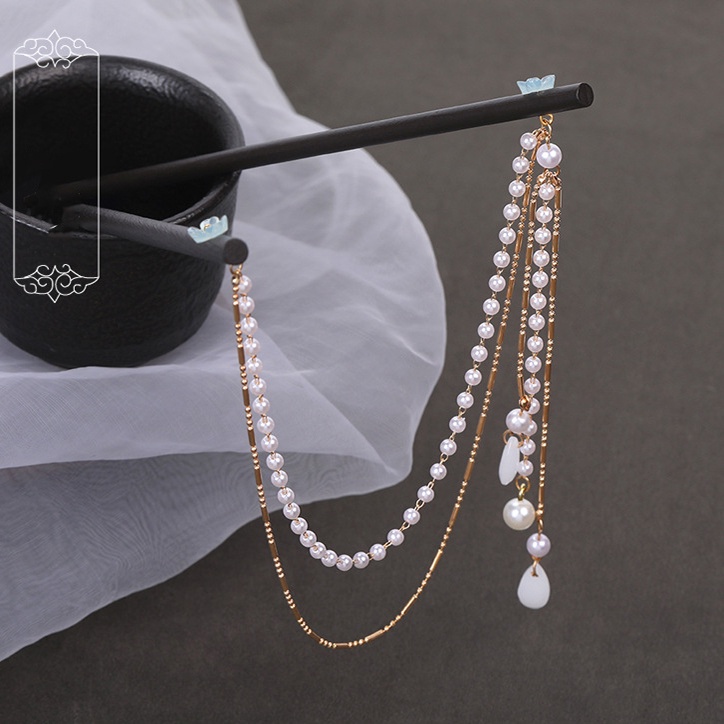 Trâm Cài Tóc Gỗ Đôi Phối Tua Rua Phong Cách Cổ Trang Trung Quốc Cho Nữ