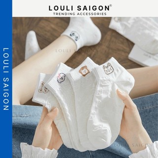 Tất vớ nữ cổ ngắn trắng thêu hoạt tiết cute, tất chân nữ cổ ngắn vải cotton cao cấp Hàn Quốc TNCN