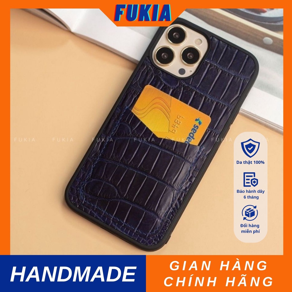 Ốp da thủ công viền đen khe thẻ Cá Sấu Xanh Navy dành cho IPhone 14/14Plus/14Pro/14Promax/13/13Pro/13Promax/12pr ODTC149