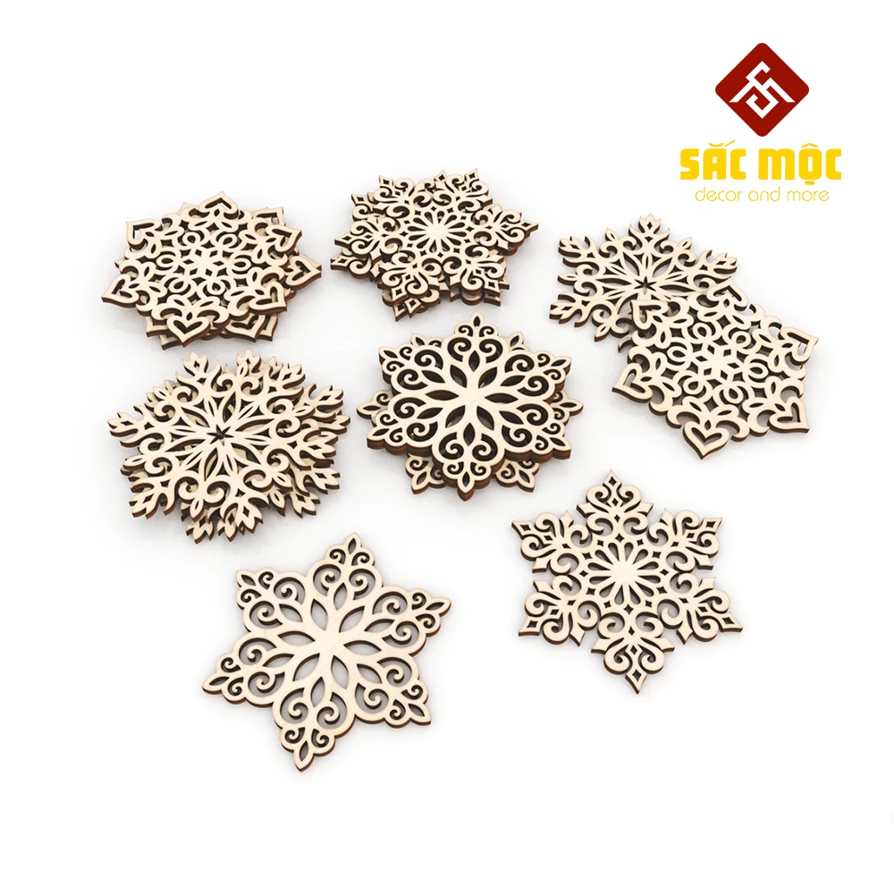 Bộ 4 Phụ Kiện #16 Phôi Gỗ Tô Màu Treo Trang Trí Giáng Sinh Hình Bông Tuyết Bằng Gỗ