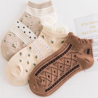Tất nữ cao cổ họa tiết màu nâu chất cotton mềm mịn phong cách Hàn Quốc, vớ vintage AT35