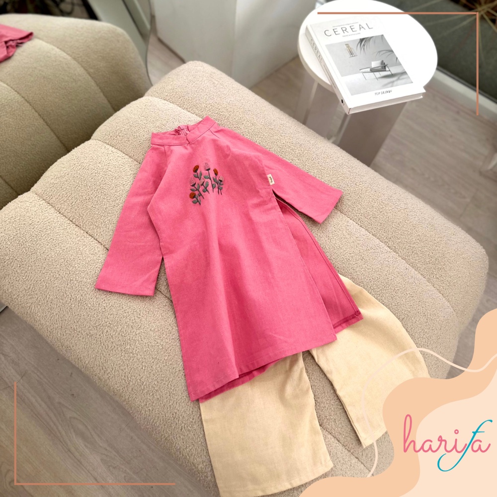 BADT010 Áo dài bé gái - màu hồng - chất liệu linen thêu tay - họa tiết cánh hoa - 1-6 tuổi