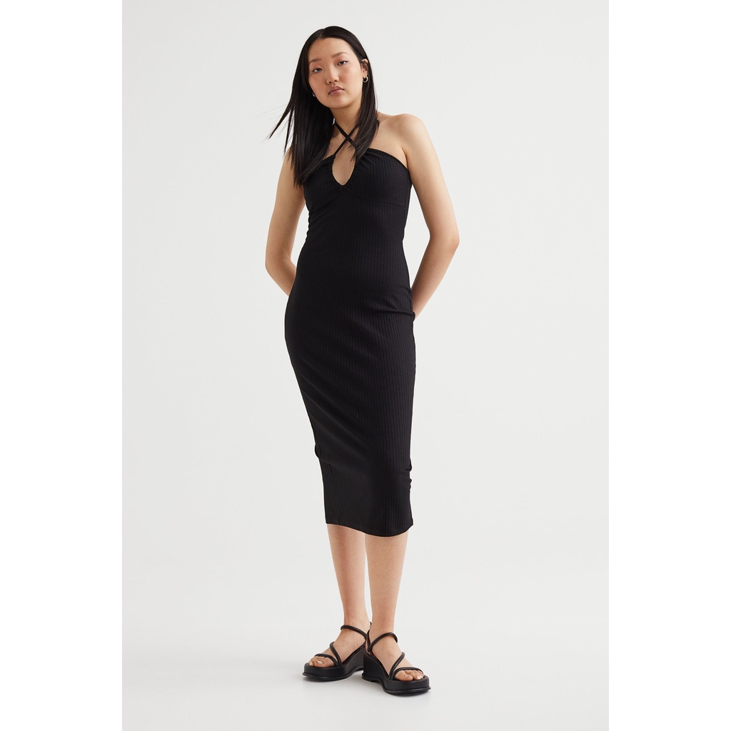 H&M Đức - Đầm body dáng dài thun gân co giãn cổ yếm xẻ tà sau sexy màu đen nâu be sale auth new tag cao cấp 1068856002
