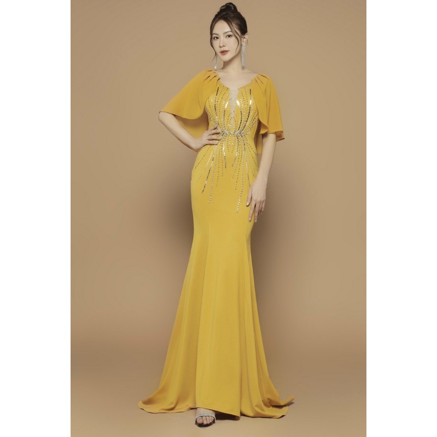 Đầm dạ hội tay bèo đính hạt siêu sang - Mua váy dạ hội thiết kế đẹp