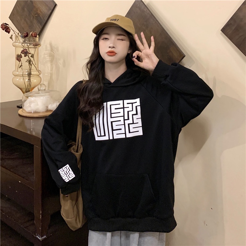 Áo Hoodies Dáng Rộng Hoạ Tiết In Phong Cách Vintage Hàn Quốc