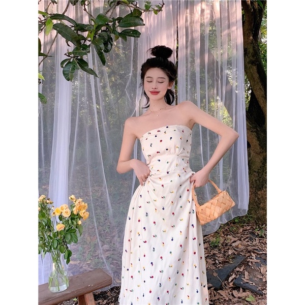 Đầm midi thêu hoa nhí không tay bo chun lưng phong cách tiểu thư Hàn Quốc