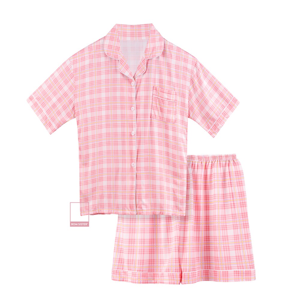 Set đồ ngủ pyjama áo ngắn tay quần đùi họa tiết caro dễ thương BOM SISTER DN3010
