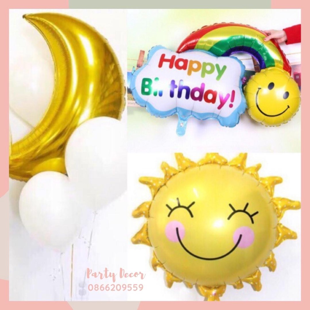 Bóng hình mặt trời, mặt trăng, mây trắng, cầu vồng trang trí sinh nhật, trang trí tiệc party decor