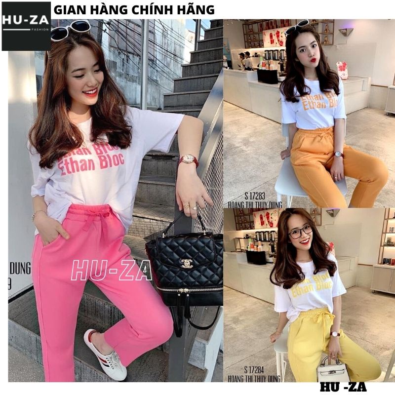Set bộ thun nữ áo cộc trắng in chữ màu kèm quần, Đồ nữ cộc tay mix quần 3 màu hothit siêu đẹp siêu tôn da - HUZA