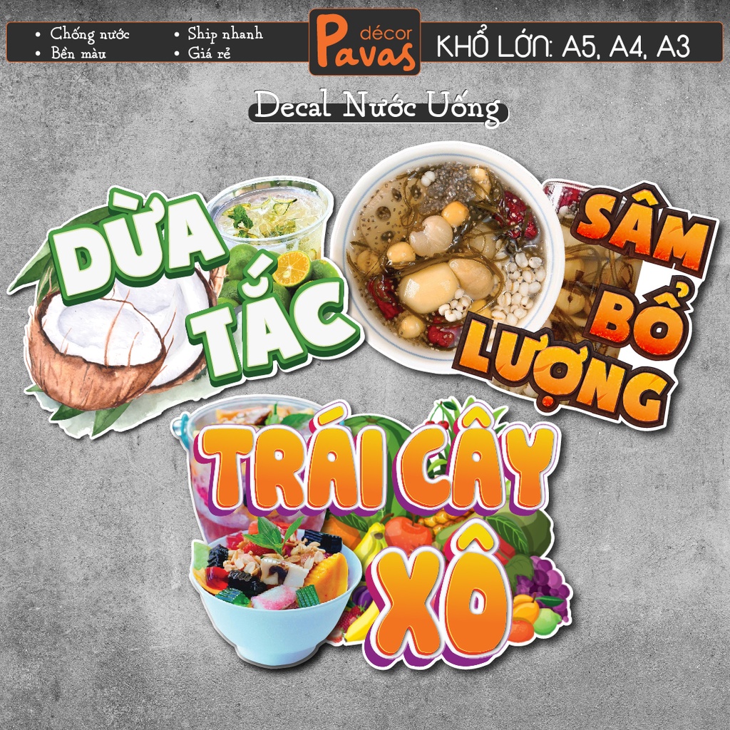 Decal Dừa Tắc, Sâm Bổ Lượng, Trái Cây Xô chống nước trang trí dán quán trà sữa, cà phê, quán ăn, dán tường, tủ. TTQ26
