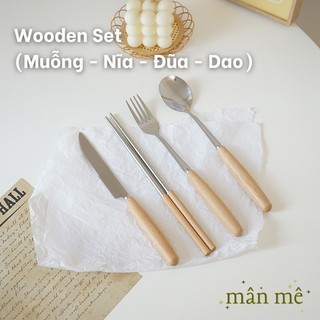 Bộ 4 dụng cụ muỗng - nĩa - dao - đũa cán gỗ cao cấp phong cách Hàn Quốc Wooden