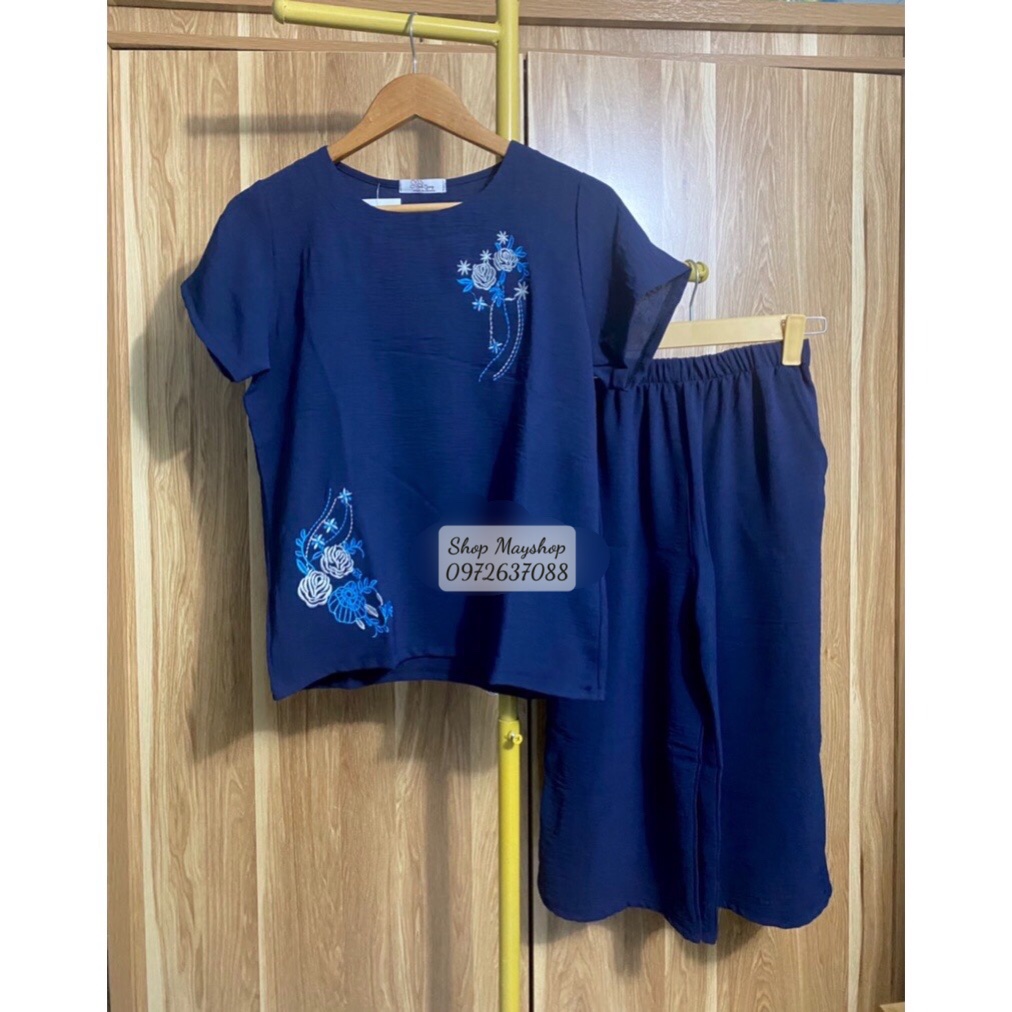 Bộ Đồ Lửng Mặc Nhà Cho Mẹ Trung Niên Vải Đũi Thêu Hoa