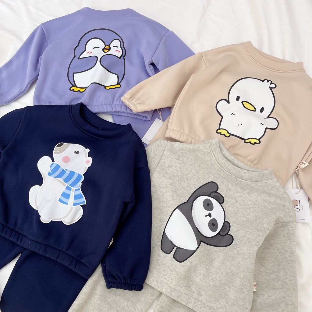 Bộ quần áo nỉ lót bông dài tay bo gấu siêu ấm dày dặn in hình decal không rạn cho bé 9-26kg