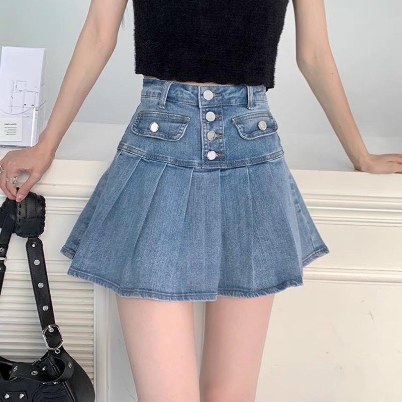 Chân váy jean xòe midi đính hàng nút CÓ LÓT TRong xinh lắm nha lyie