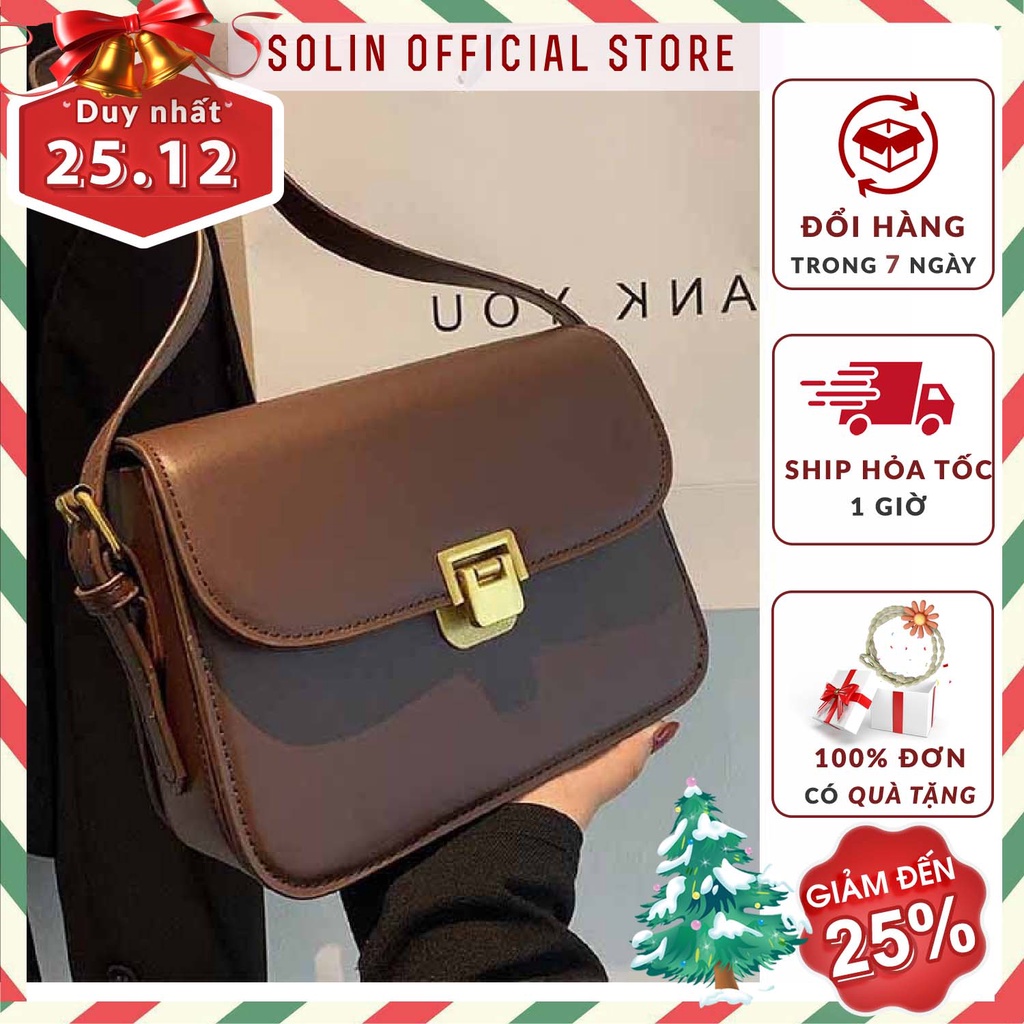 Túi xách đeo chéo nữ đeo vai da cao cấp khóa gài 2 dây đeo tùy chỉnh độ dài phong cách Hàn Quốc nhiều màu Solin T17