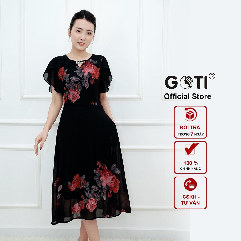 GOTI - Đầm Xòe Dáng Dài Quý Bà Kiều Đầm Xòe Trung Niên Size Lớn In Hoa Có Size Cho Người Mập 3339 3363 3362