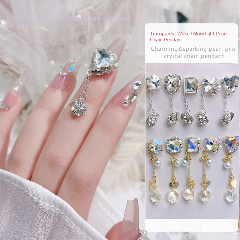 móng tay nghệ thuật đống pha lê mặt dây chuyền kim cương / Trang sức bóng móng tay tua rua siêu sáng bóng / Hình trái tim quanh co Chuỗi móng tay hình vuông béo Trang sức kim cương