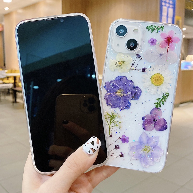 Ốp Điện Thoại TPU Cứng Họa Tiết Hoa Lấp Lánh Cho iPhone 14 13 12 11 Pro Max Mini XS XR X 8 7 6 6S Plus + SE 2020