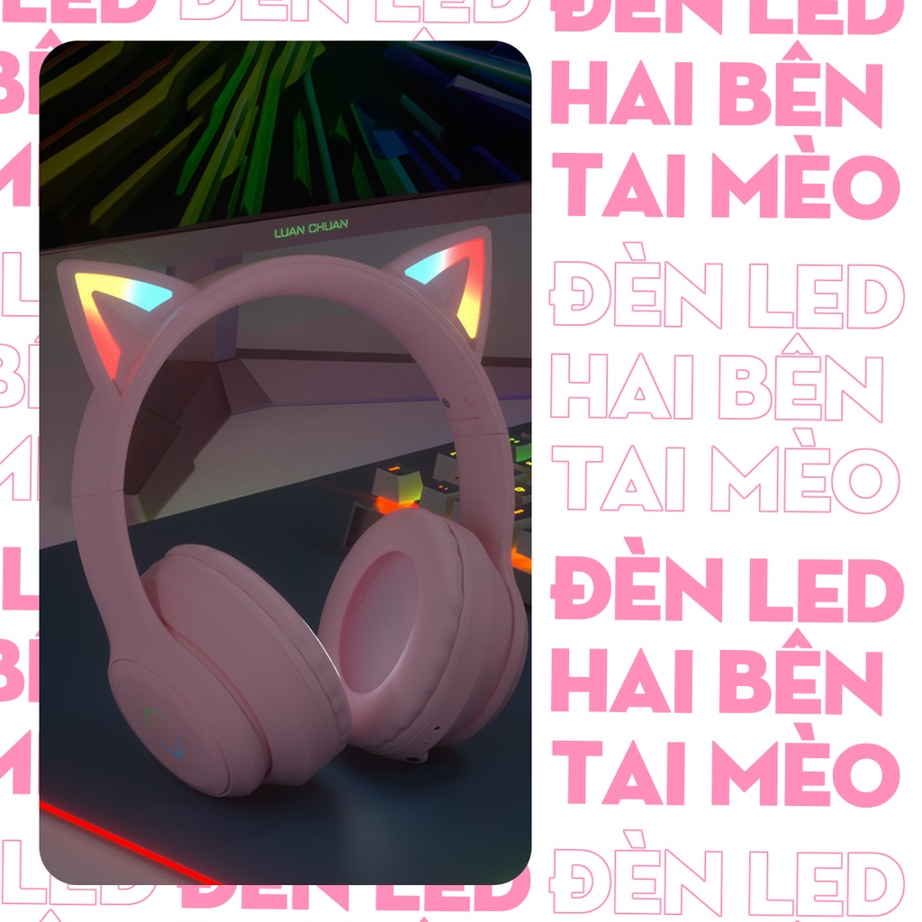 Tai Nghe Bluetooth Chụp Tai Cao Cấp - Tai Nghe Over Ear Không Dây Thiết Kế Tai Mèo Dễ Thương - Âm Bass Đỉnh Cao - Kết Nố
