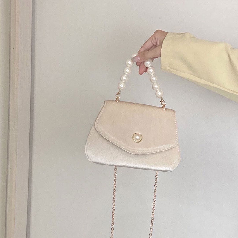 MISCHA Túi Đeo Vai Màu Trơn Chất Liệu Nhung Đính Ngọc Trai Thời Trang Cho Nữ