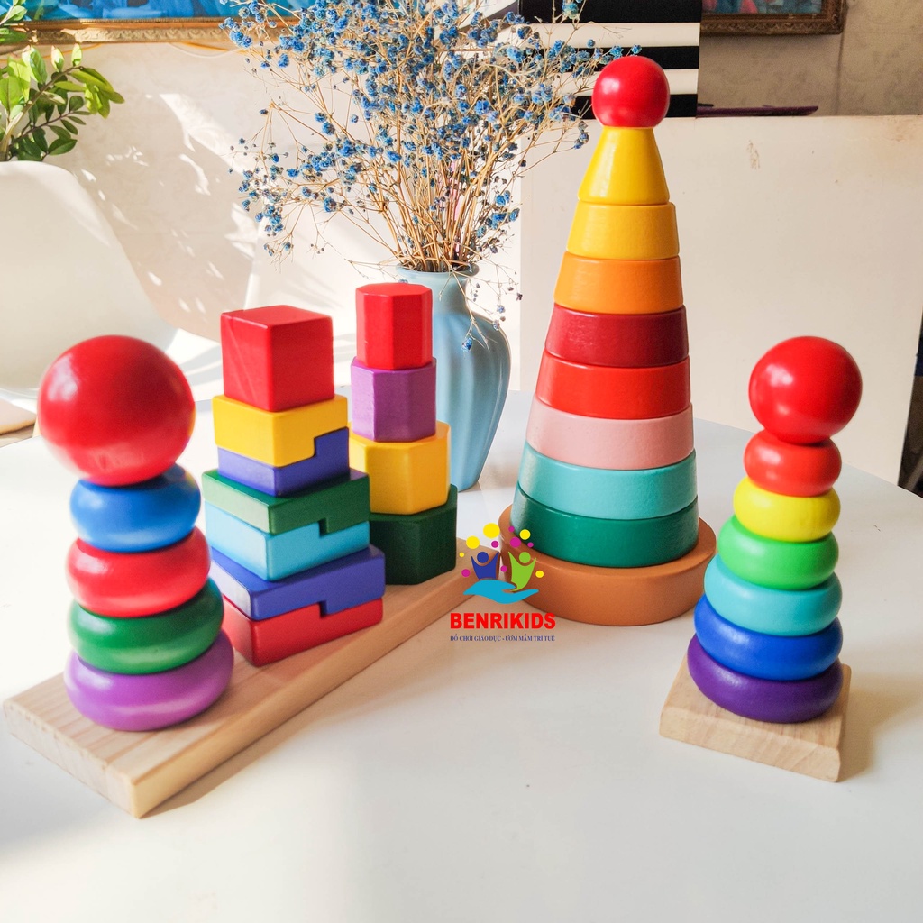 Tháp Xếp Chồng Cầu Vồng Bằng Gỗ Theo Phương Pháp Montessori