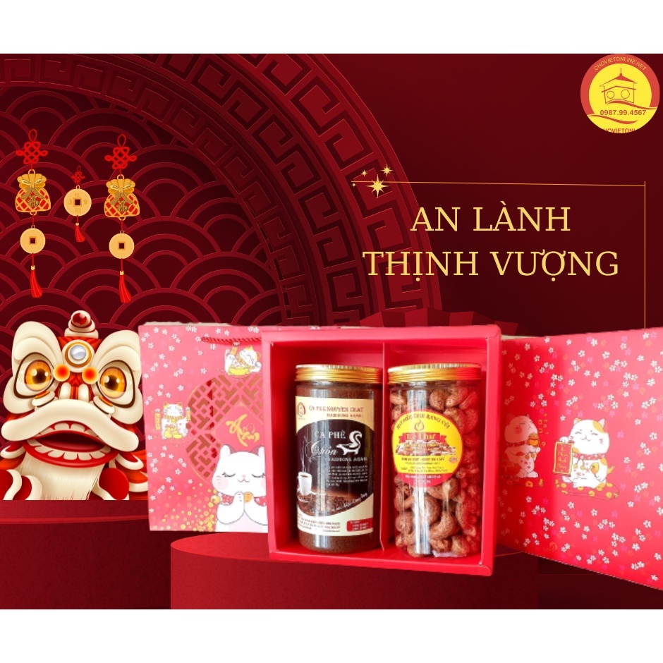 HỘP QUÀ MÈO TÀI LỘC MS 04 bao gồm 500gr cà phê Chồn ms:c38 và 500gr hạt điều tươi rang củi Lê Thư loại đặc biệt
