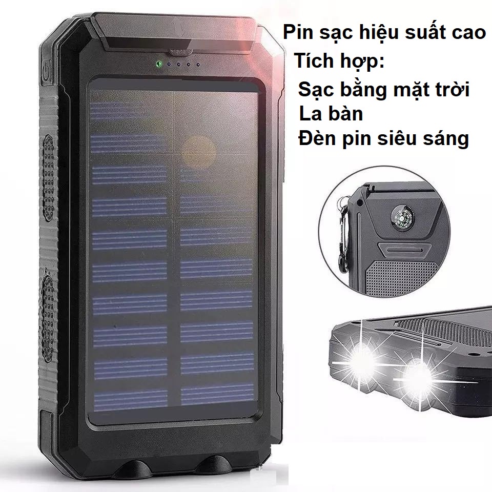 Sạc dự phòng 10000mAh tích hợp sạc mặt trời kèm đèn pin, là bàn, chống sốc, chống nước