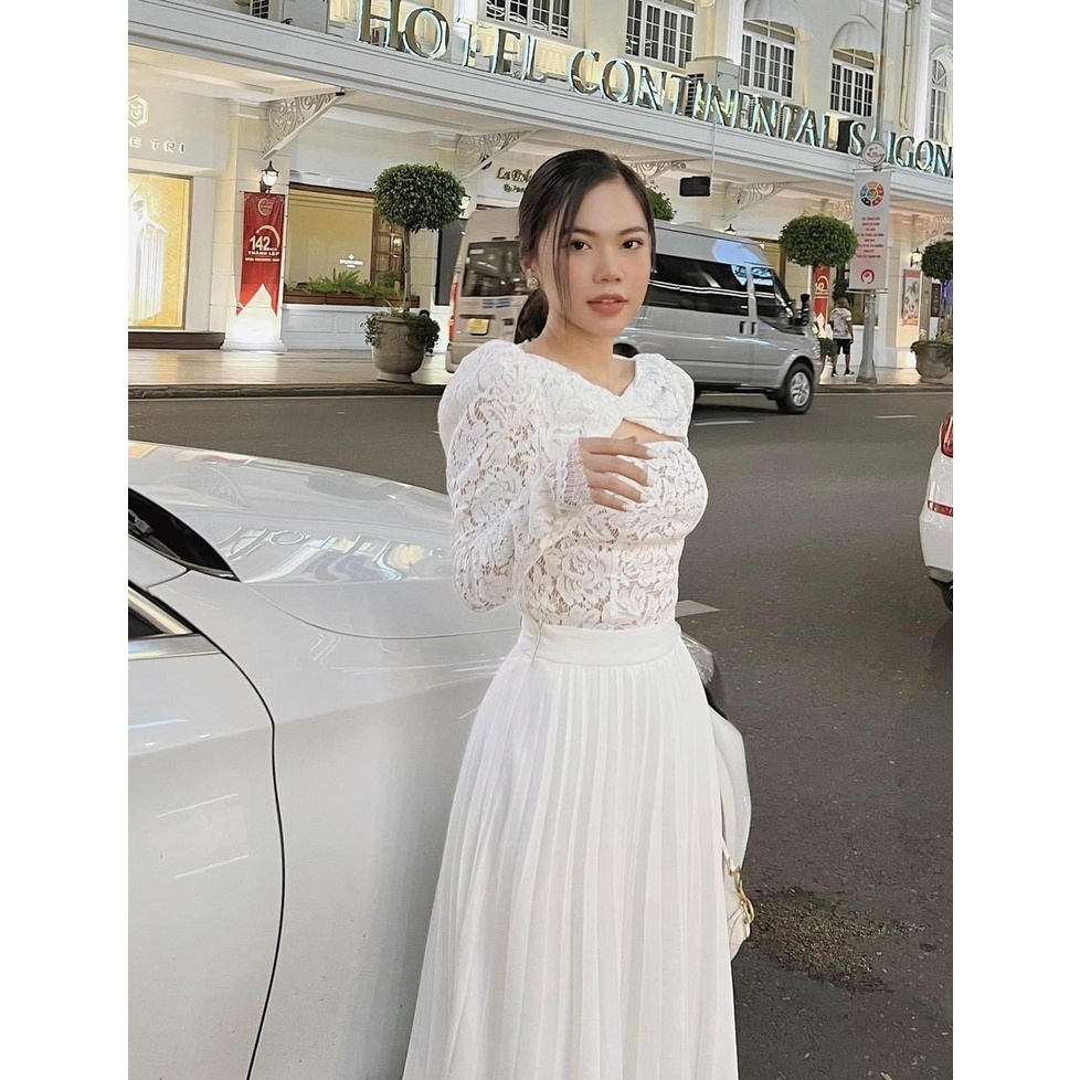 SET ÁO REN KHOÉT NGỰC TAY DÀI + CHÂN VÁY DẬP LY