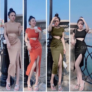 Đầm gân xoắn eo xẻ tà ôm dáng có co giãn form đẹp