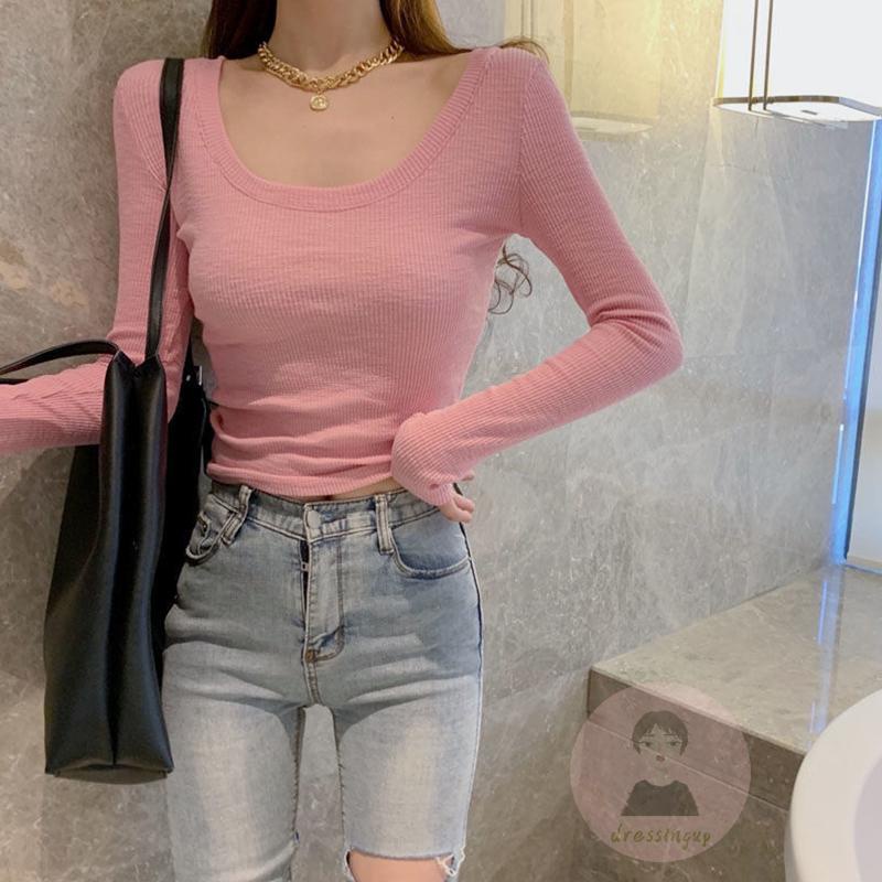 Áo Thun Croptop Dệt Kim Tay Dài Màu Sắc Đơn Giản Cho Nữ