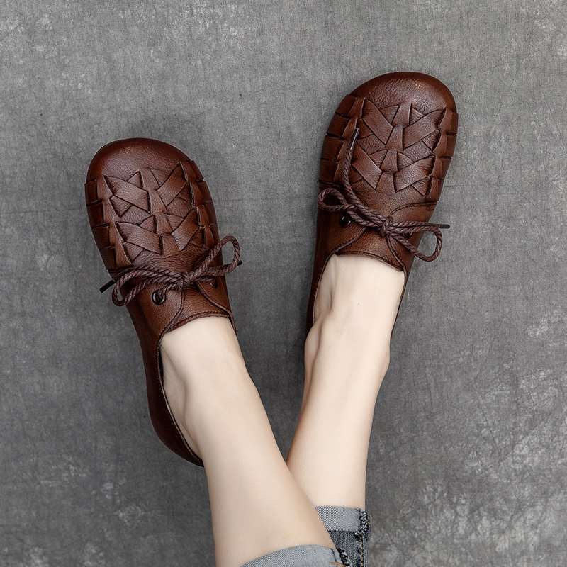Giày Da Đế Mềm Buộc Dây Thủ Công Phong Cách Retro Cho Nữ
