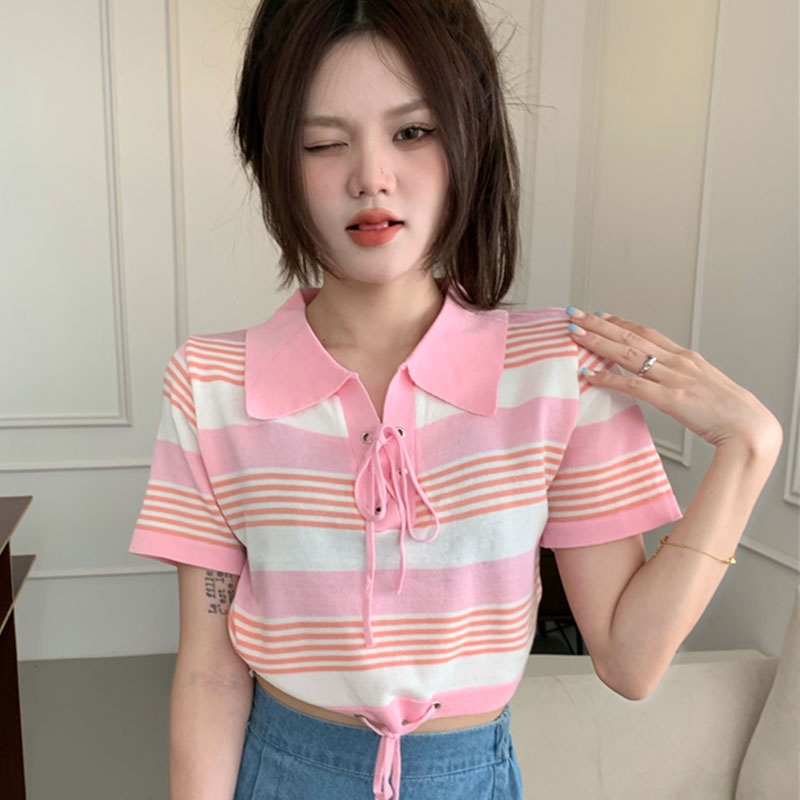 Áo XINLANYASHE ngắn tay họa tiết kẻ sọc màu sắc tương phản thời trang mùa hè cho nữ