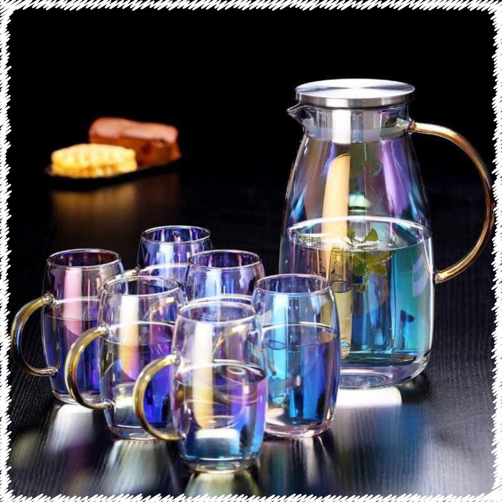 Sét Bộ bình nước + 6 cốc thuỷ tinh đổi màu chịu nhiệt 1,8L cao cấp, chịu nhiệt cao, an toàn cho người sử dụng