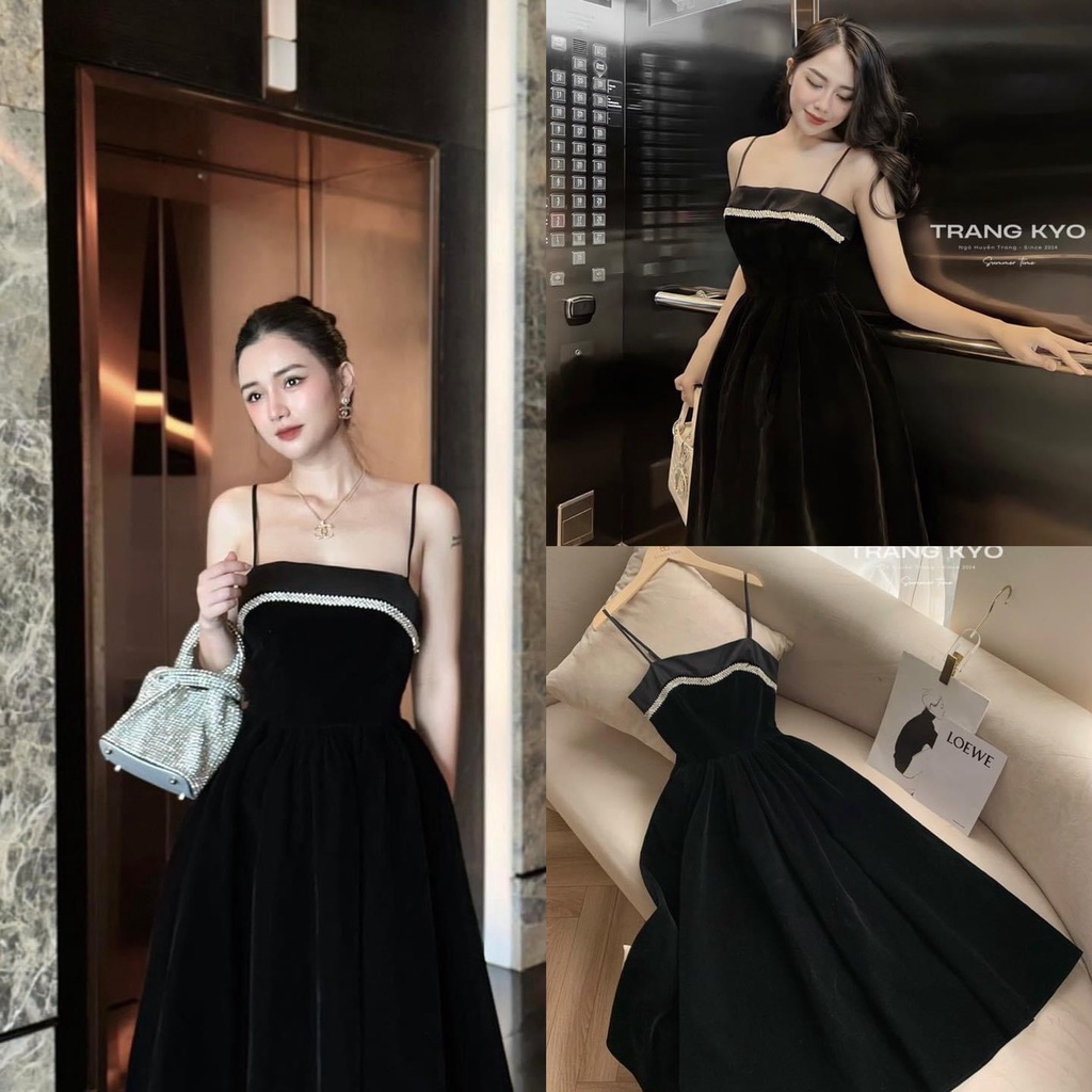 Đầm tiểu thư đi chơi, đầm dự tiệc dáng dài dễ thương với  thiết kế 2 dây sexy chất nhung cứng siêu đẹp