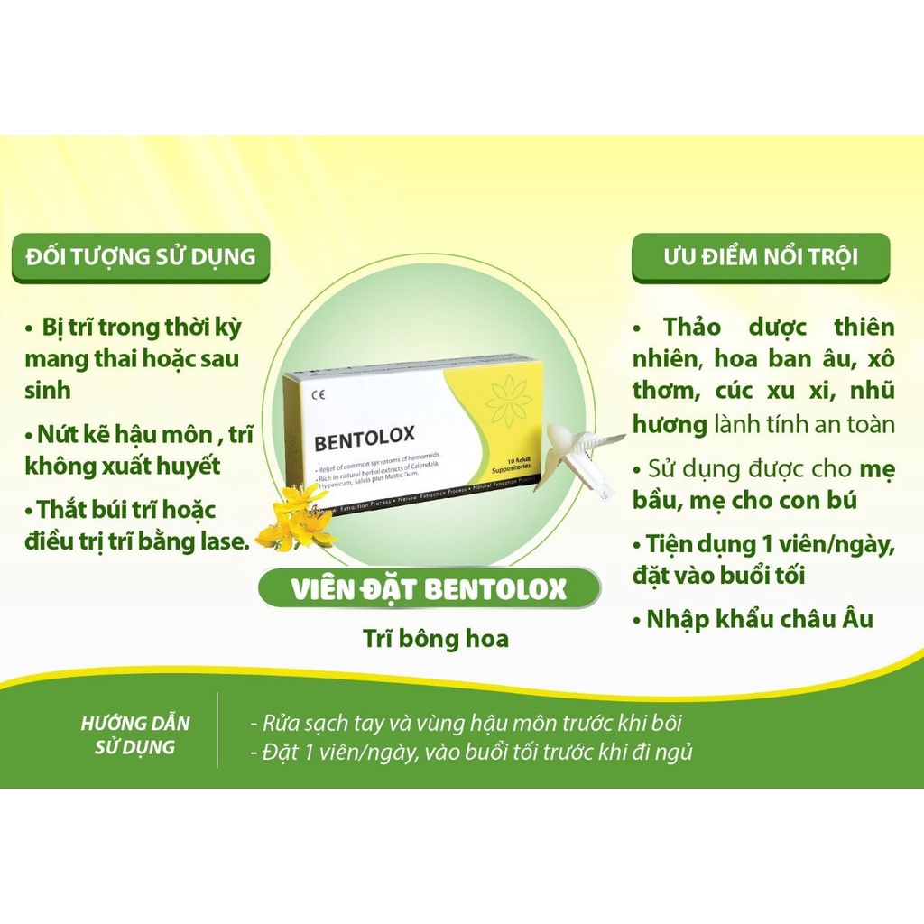 Gel bôi trĩ bông hoa BENTOLOG và viên đặt BENTOLOX - Nhũ tương tạo màng bảo vệ da vùng hậu môn