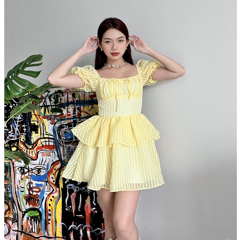 Đầm xoè SheByShj 2 tầng tay phồng màu vàng - Dahlia Dress