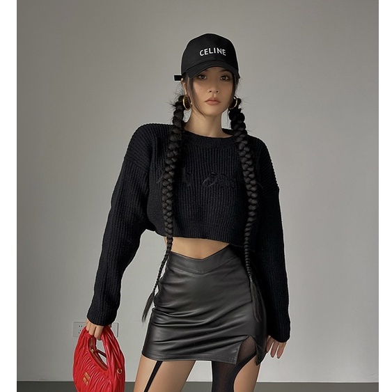 Áo Sweater Dệt Kim Tay Dài Cổ Tròn Lưng Cao Thời Trang Mùa Thu Quyến Rũ Cho Nữ