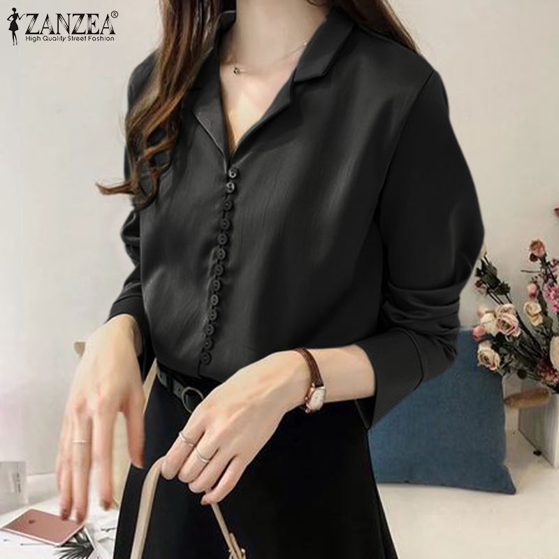 Áo sơ mi ZANZEA tay dài màu trơn phong cách Hàn Quốc thời trang công sở cho nữ