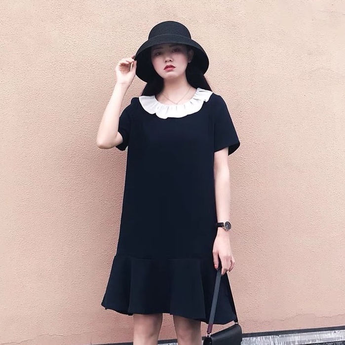 Váy bầu bigsize thiết kế GuMe dáng suông đuôi cá xéo phối cổ bèo chất vải sạn lụa cao cấp size từ 40-100kg MB241