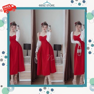 Set Váy Đầm Nữ Hai Dây Cúp Ngực Xếp Ly Mix Áo Khoác Tay Dài Trắng Cực Xinh Xắn, Dễ Thương FreeSize - GENZ STORE.