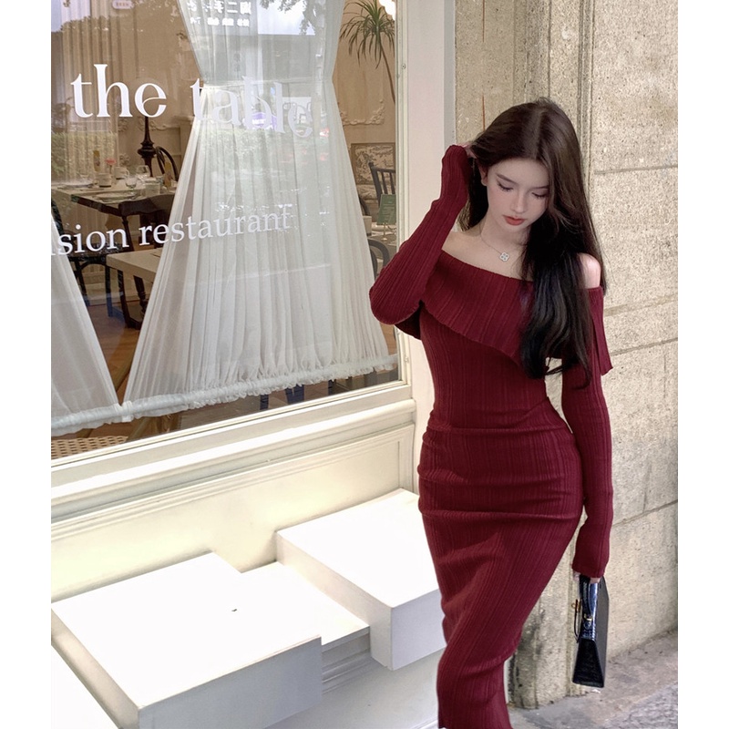 Đầm Dệt Kim Dài Tay Trễ Vai Xẻ Tà Thời Trang Mùa Thu Dành Cho Nữ